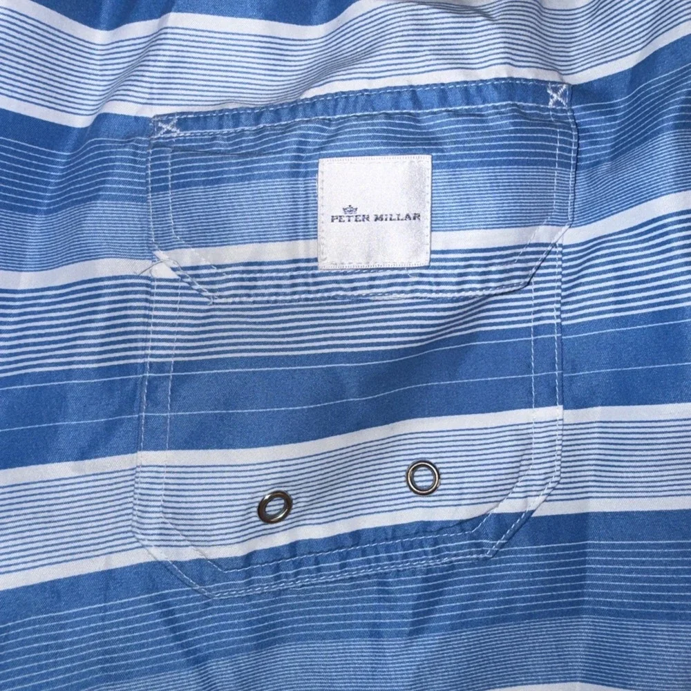 Peter Millar Swim Trunks XL Blue White Striped Mesh Lined Board Shorts